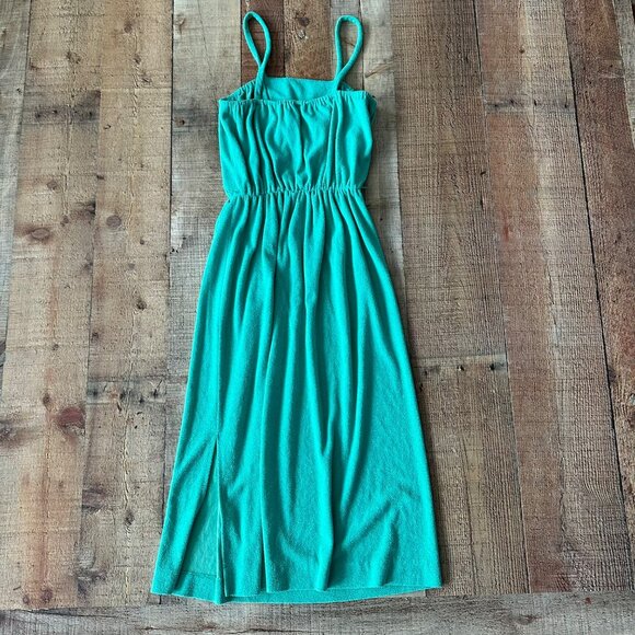 Green Terry Cloth Midi Sundress With Floral Embroidery Cami Sleeves Sleeveless - Picture 8 of 8